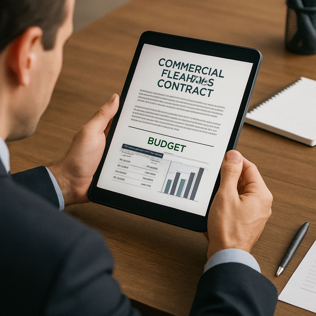 Business manager reviewing a commercial cleaning contract and budget on a tablet
