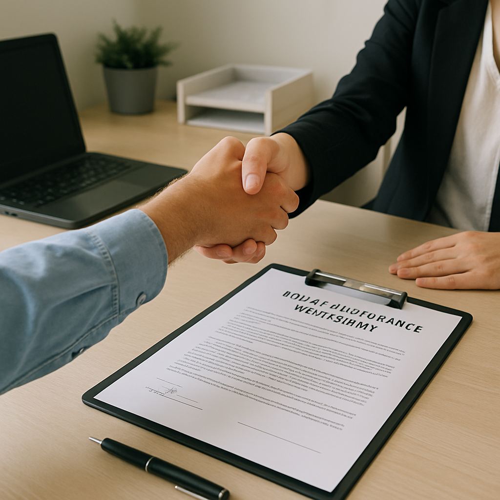 Two people shaking hands after signing a facility maintenance agreement in an office