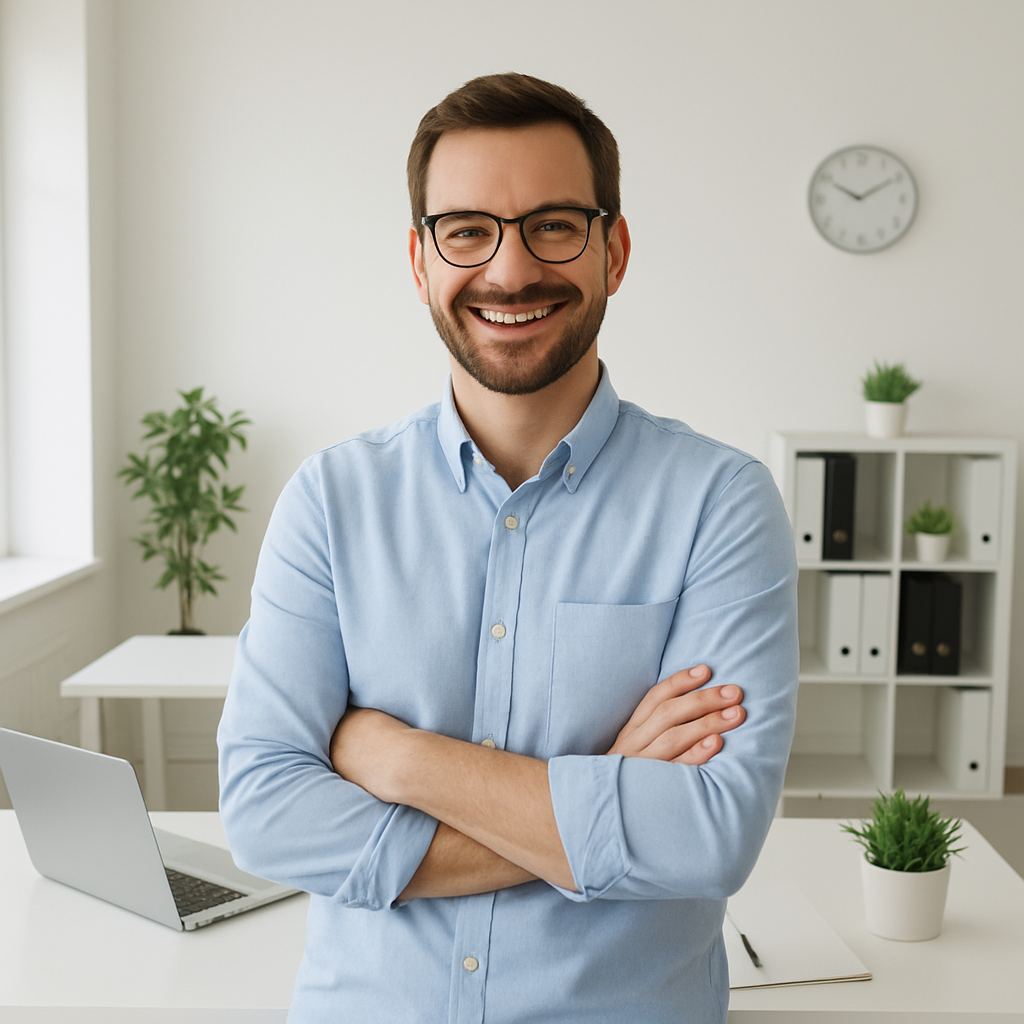 Small business owner smiling in a spotlessly clean modern office