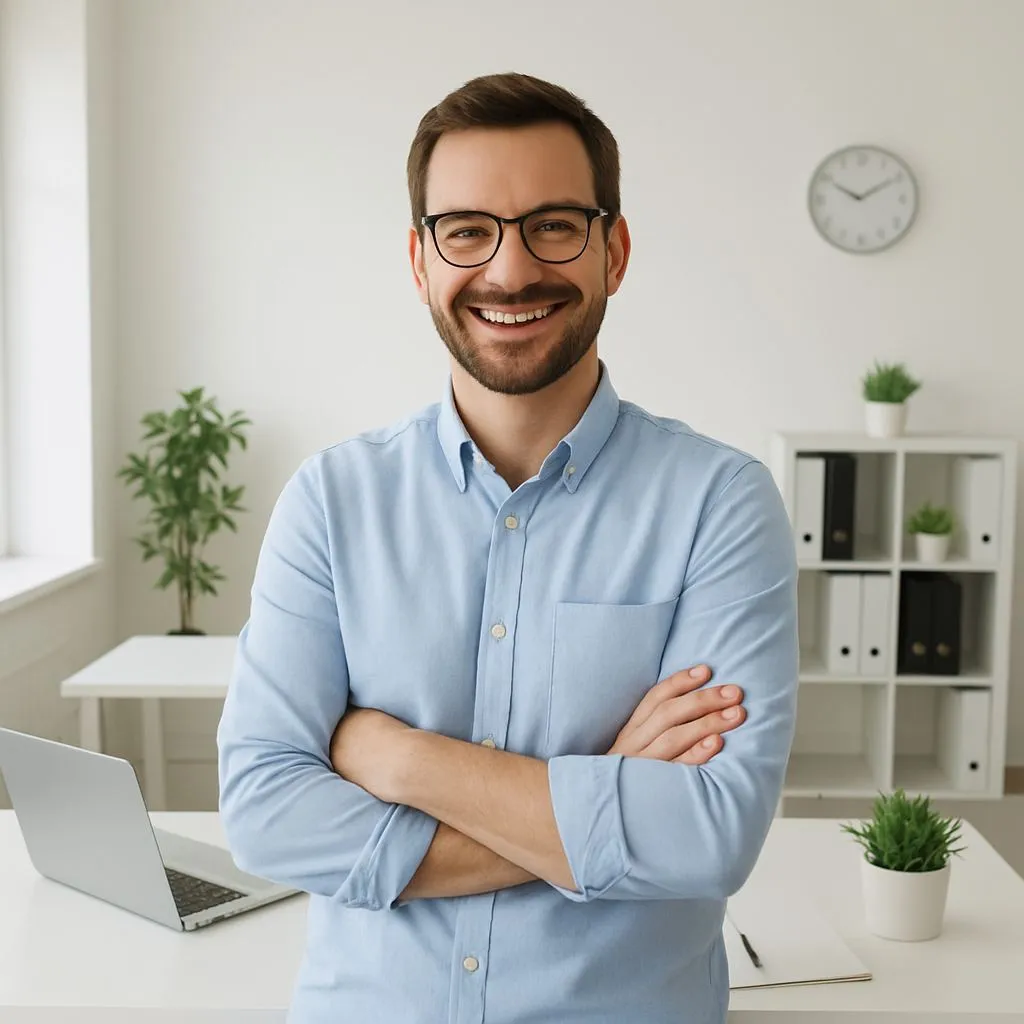 Small business owner smiling in a spotlessly clean modern office