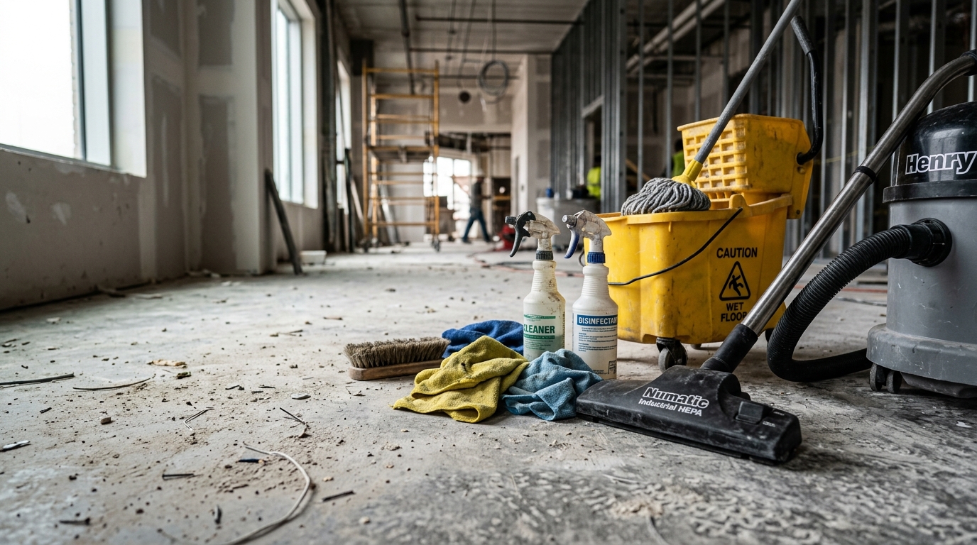 Professional cleaning supplies and HEPA vacuum on a dusty construction site floor