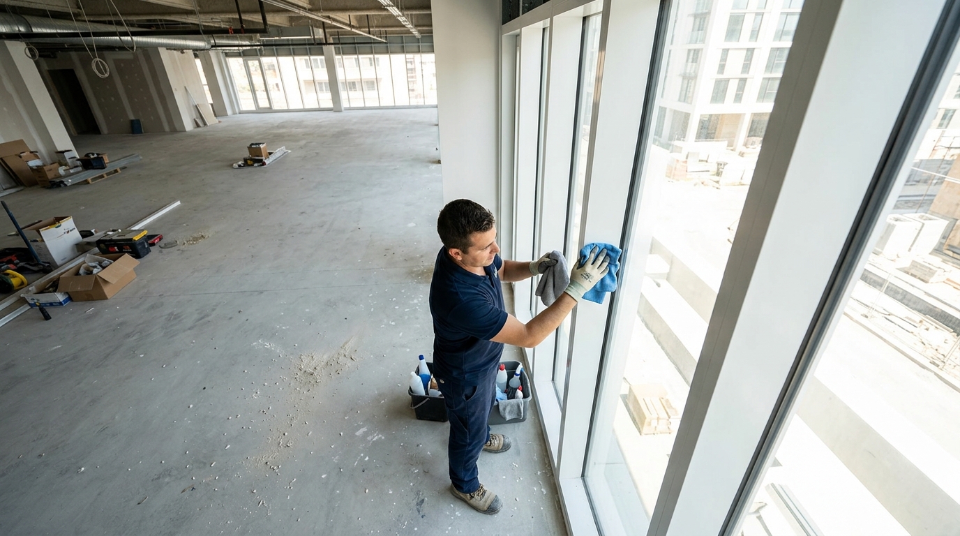 Crew member wiping down a window frame during post-construction detail cleaning