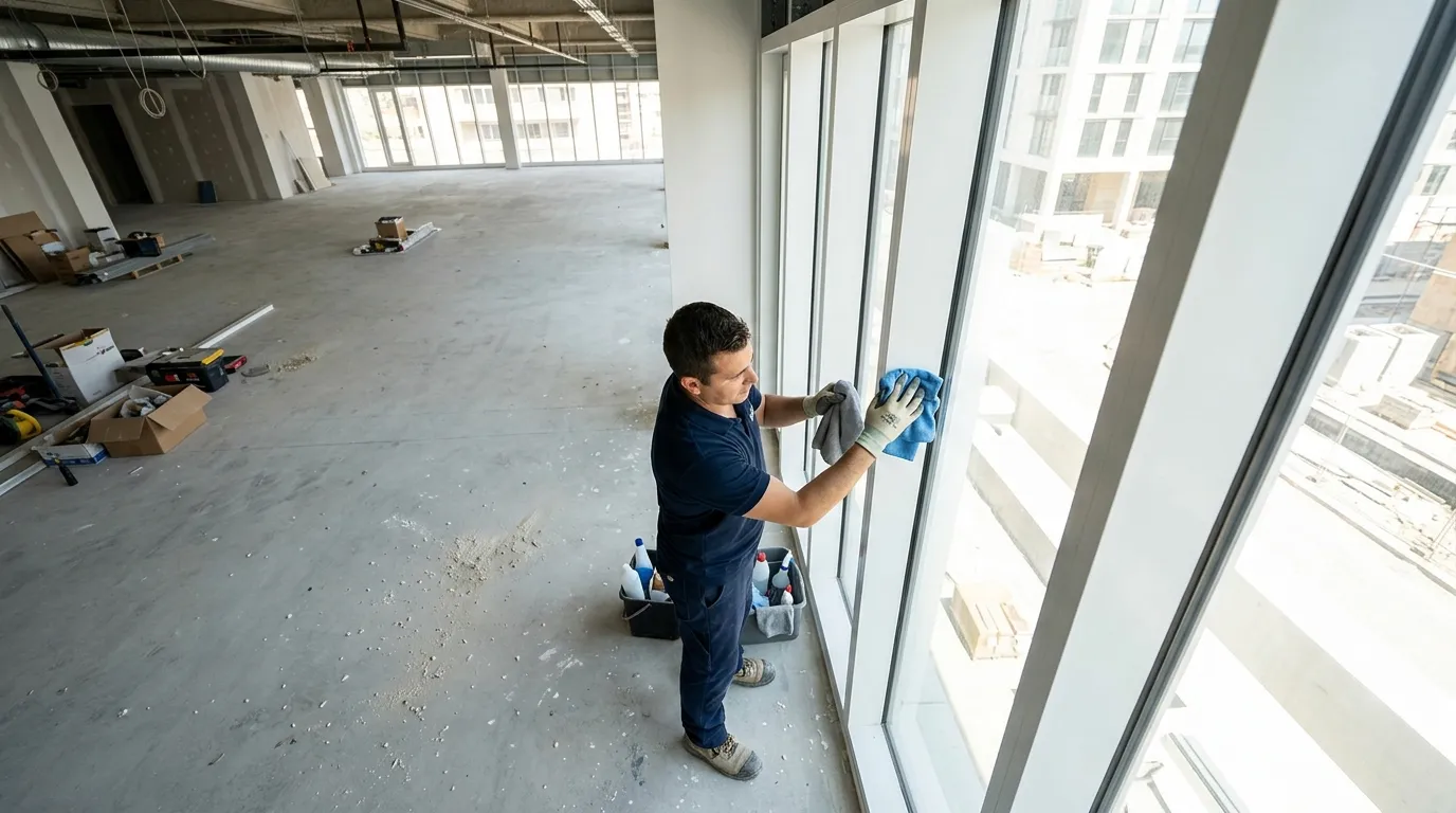 Crew member wiping down a window frame during post-construction detail cleaning