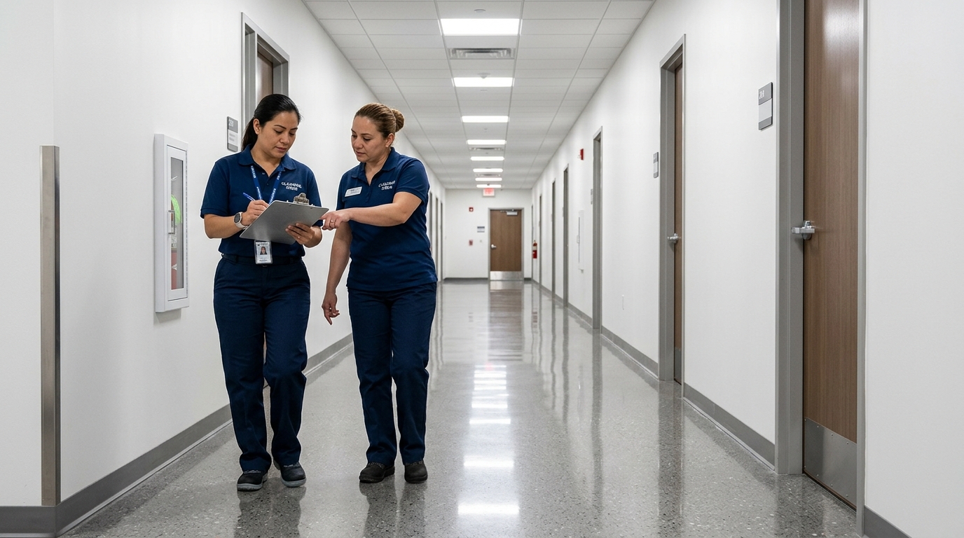 Two cleaning professionals conducting a final walkthrough in a finished commercial hallway